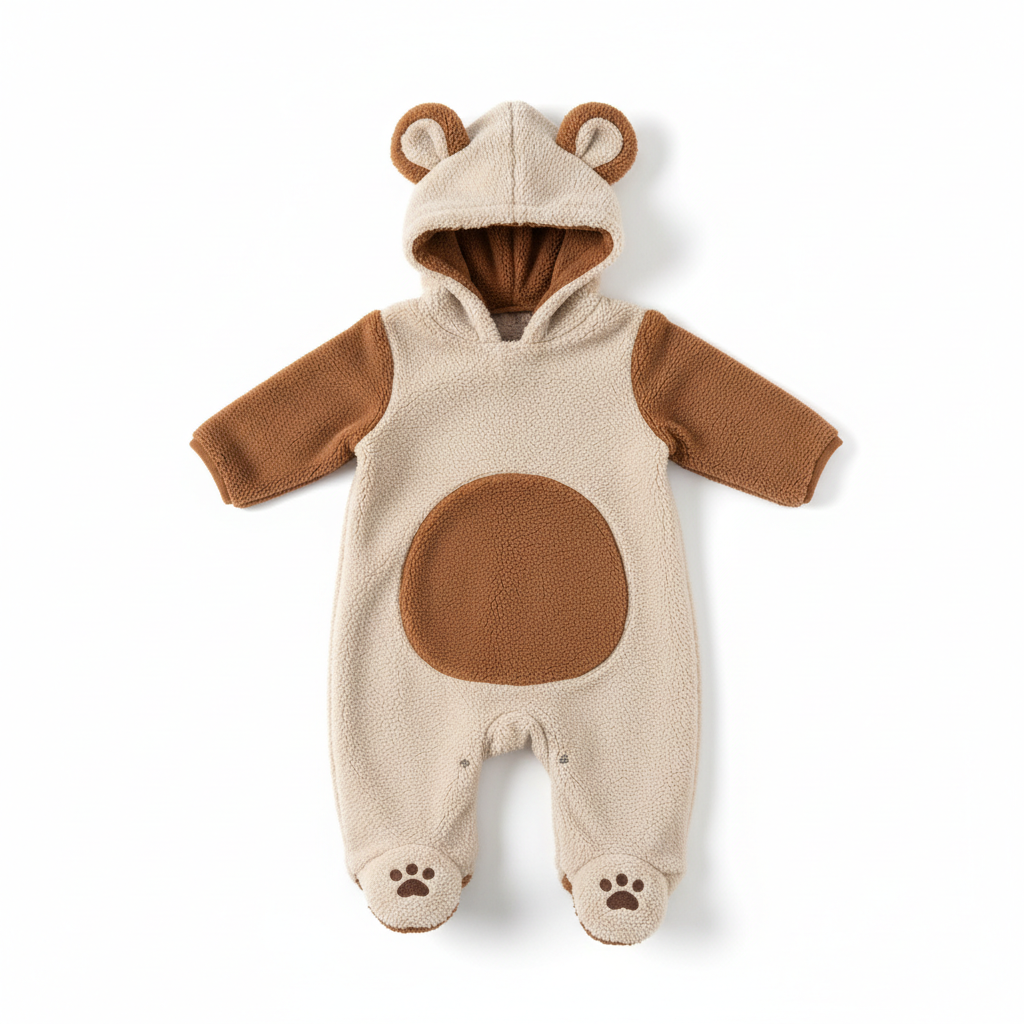 Bear-themed baby romper one-piece with matching bear ear hat