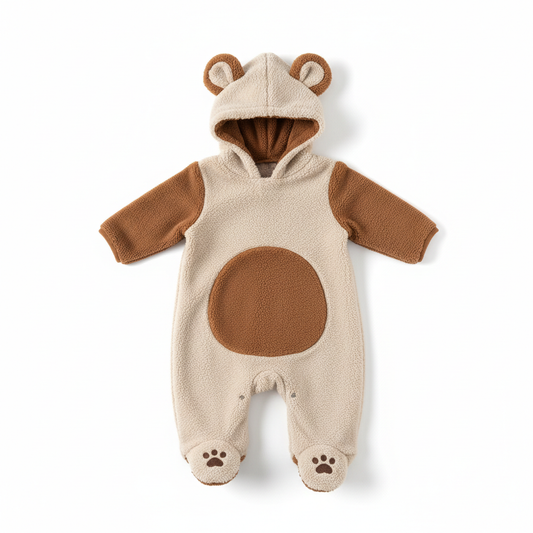 Bear-themed baby romper one-piece with matching bear ear hat